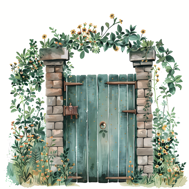 Spring Garden Gate,Green Door,Brick Wall
