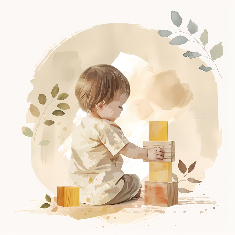 Toddler Playing With Building Blocks,Watercolor,Toy