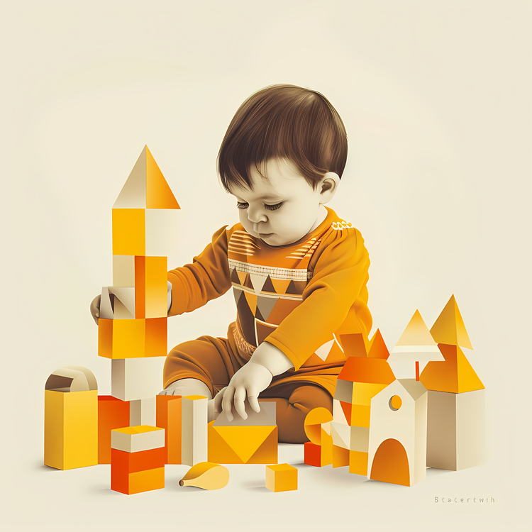Toddler Playing With Building Blocks,Boy,Orange