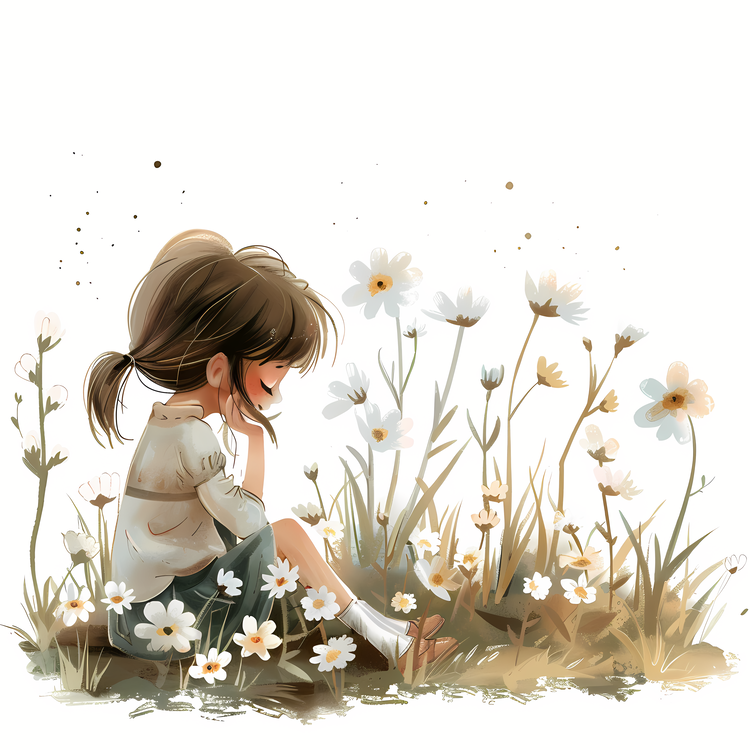 Spring Time,Girl And Flower,Field Of Flowers