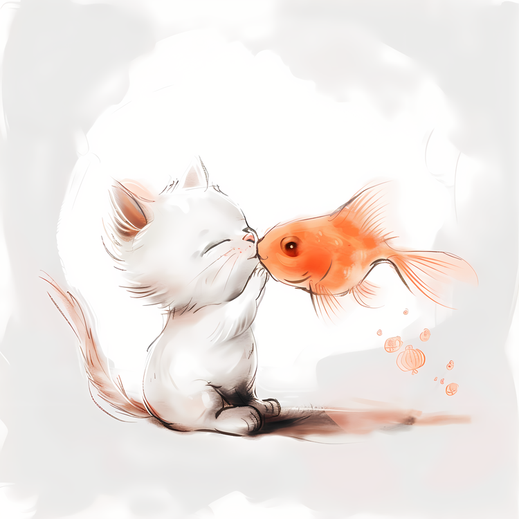 Cute Cat Kissing Fish,White Cat,Kitten