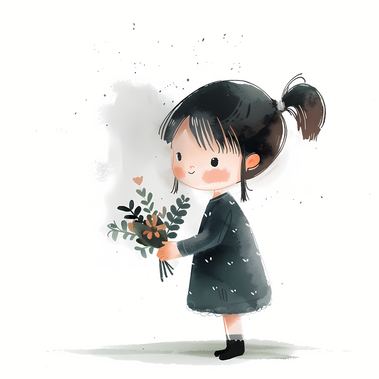 Girl Holding Flowers,Cute Girl,Cartoon