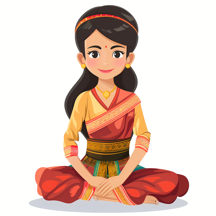 Cartoon Cambodian Woman,Asian Yoga Pose,Indian Cultural Icon