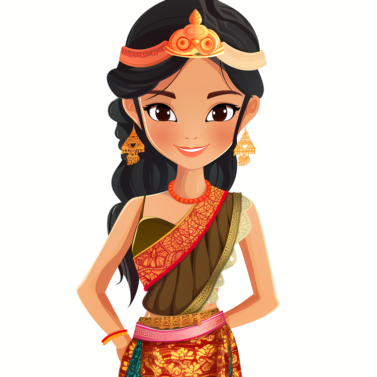 Cartoon Cambodian Woman,Indian,Dress
