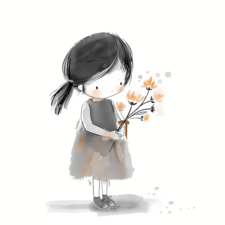 Girl Holding Flowers,Little Girl Holding Flowers,Watercolor Illustration