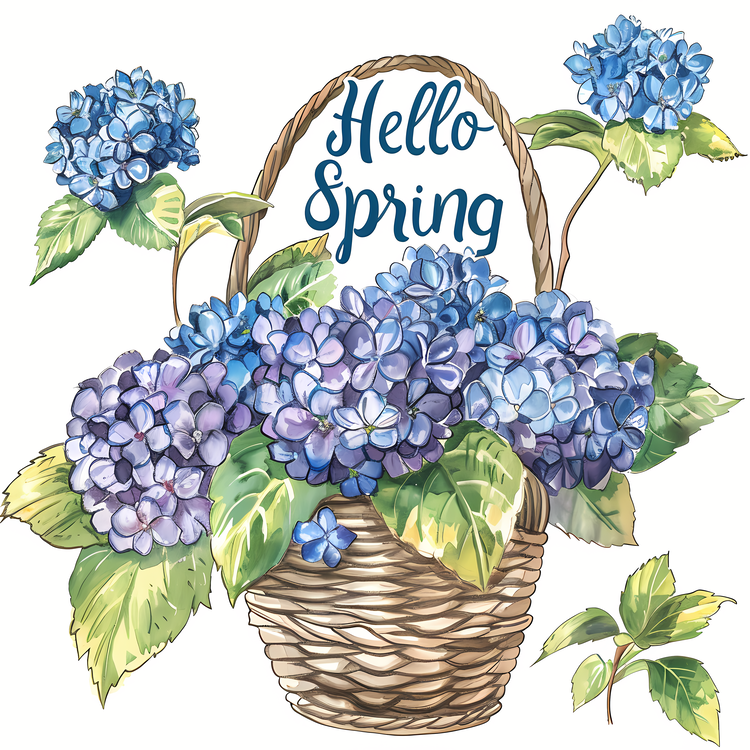 Hello Spring,Basket Of Flowers,Watercolor