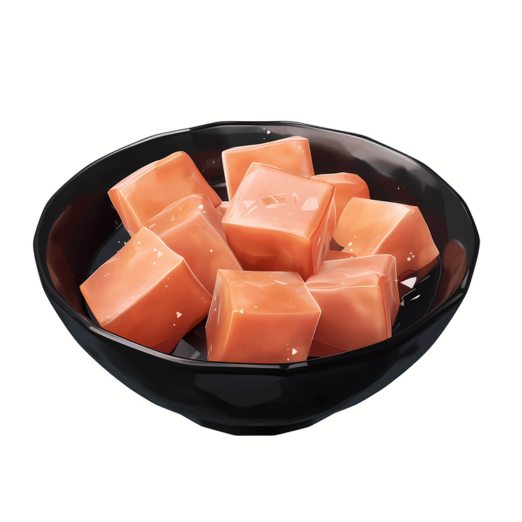 Stinky Tofu,Orange Cubes In Black Bowl,Bowled Orange Candies