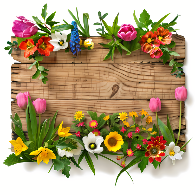Spring Flowers,Sign Board,Flowers On Wood Plank