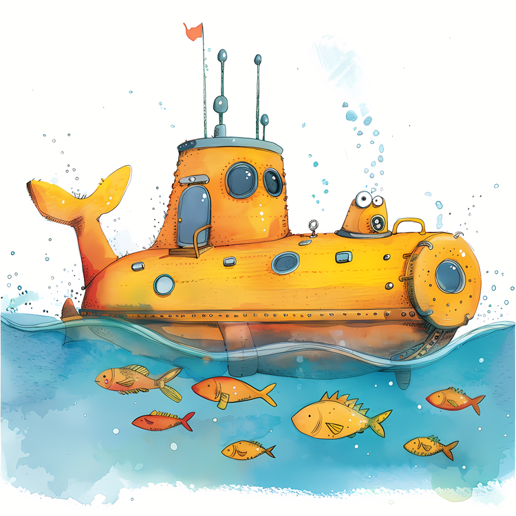 Submarine Day,Yellow Submarine,Watercolor Illustration