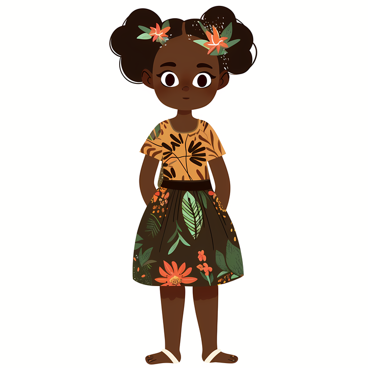 African Cartoon Girl,African Girl,Flower Print Dress
