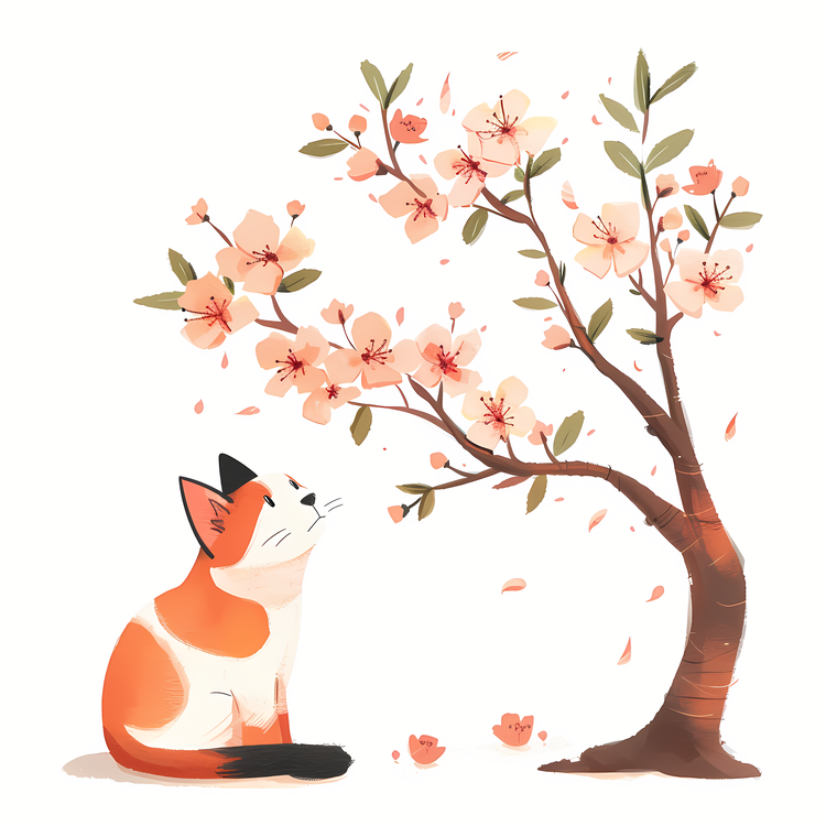 Cute Cat Under Tree,Springtime,Cherry Blossom Tree