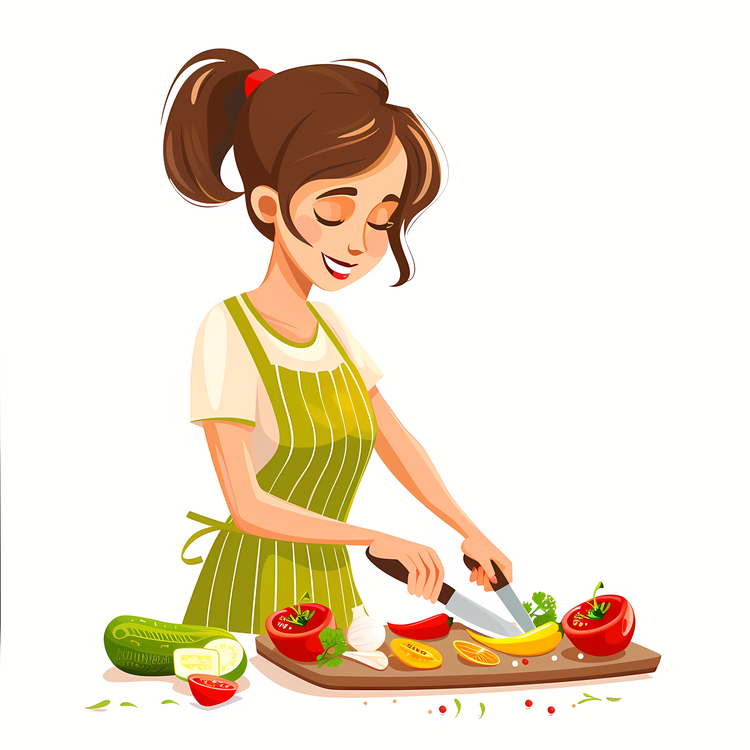 Cartoon Cooking Woman,Smiling And Wearing An Apron,With A Look Of Determination