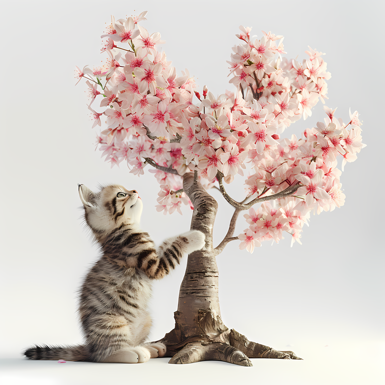 Cute Cat Under Tree,Kitten,Pink Tree