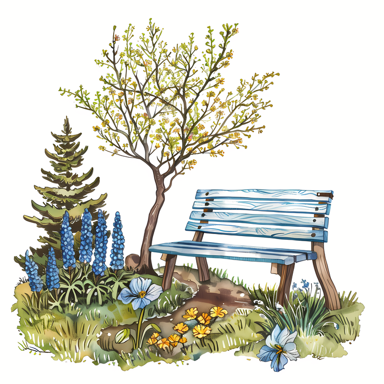 Park Bench,Flowers,Trees