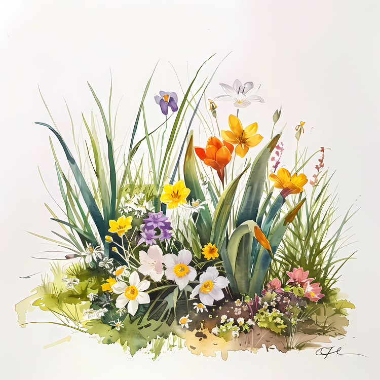 Spring Begins,Garden Flowers,Watercolor Painting