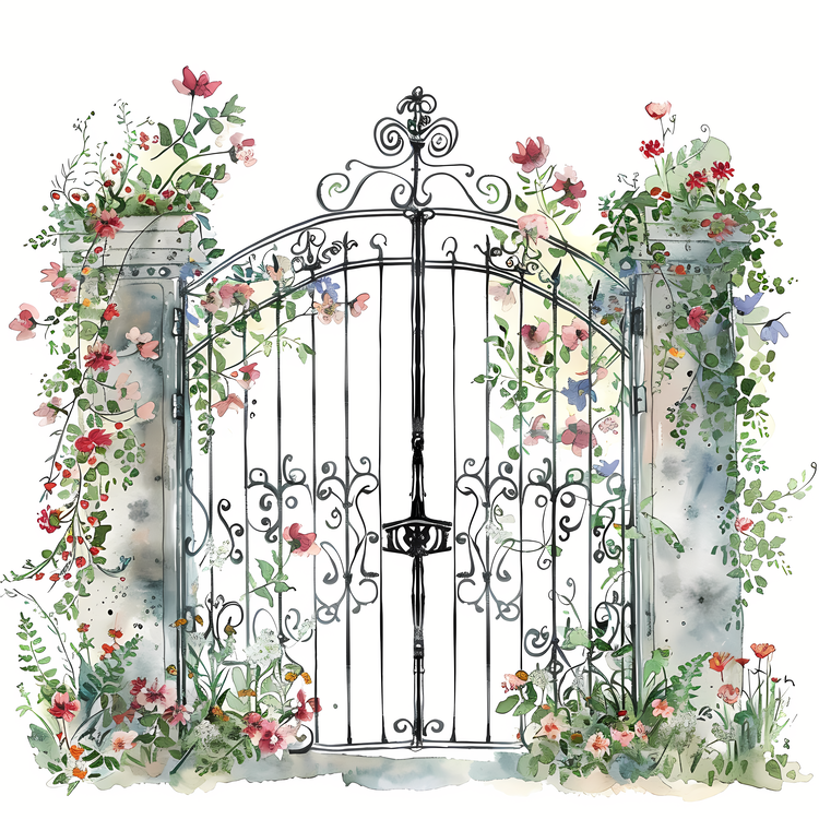 Garden Gate,Flowers,Watercolor