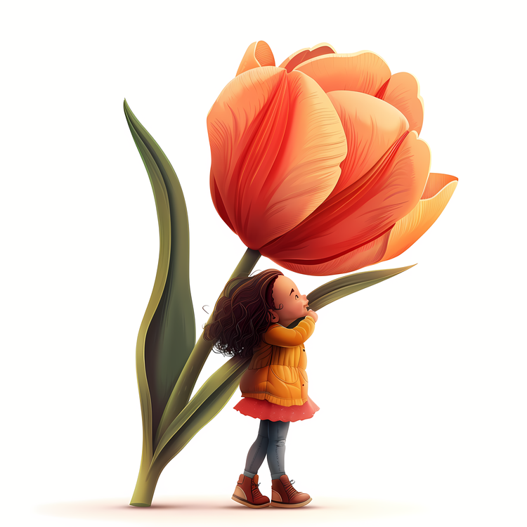 Kid And Huge Flowers Illustrate,Tulip,Pink Tulip