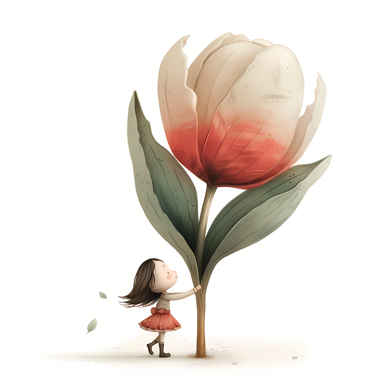 Kid And Huge Flowers Illustrate,Flower,Red
