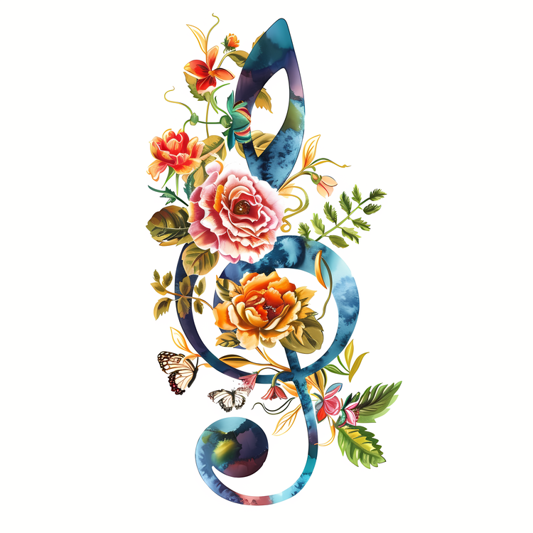 Music Note,Watercolor Art,Flowers