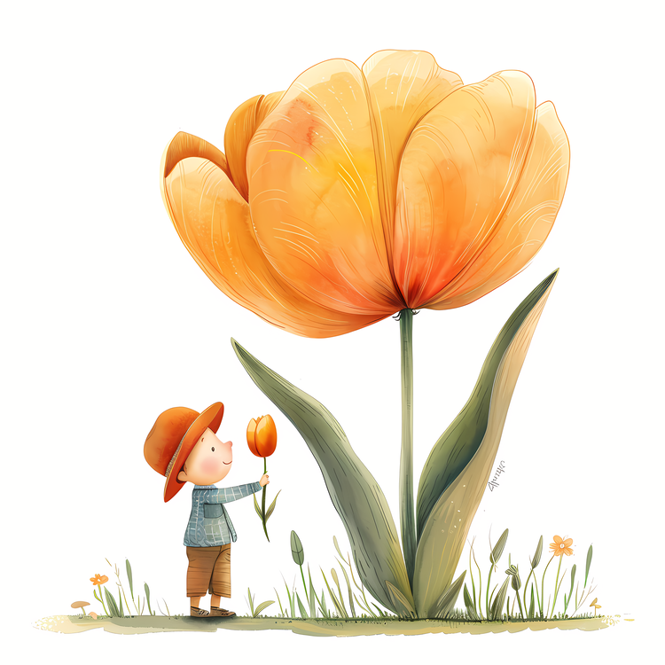 Kid And Huge Flowers Illustrate,Tulip,Boy