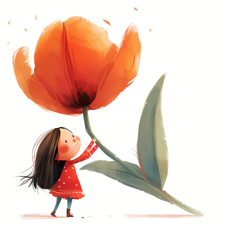 Kid And Huge Flowers Illustrate,Girl,Tulip