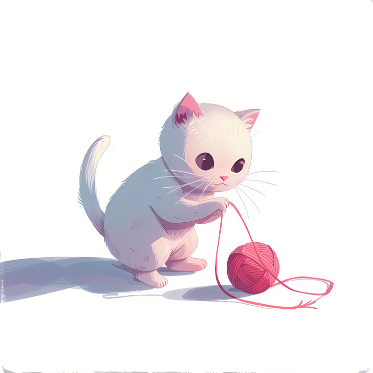 Little Cat Playing Yarn Ball,Kitten,White