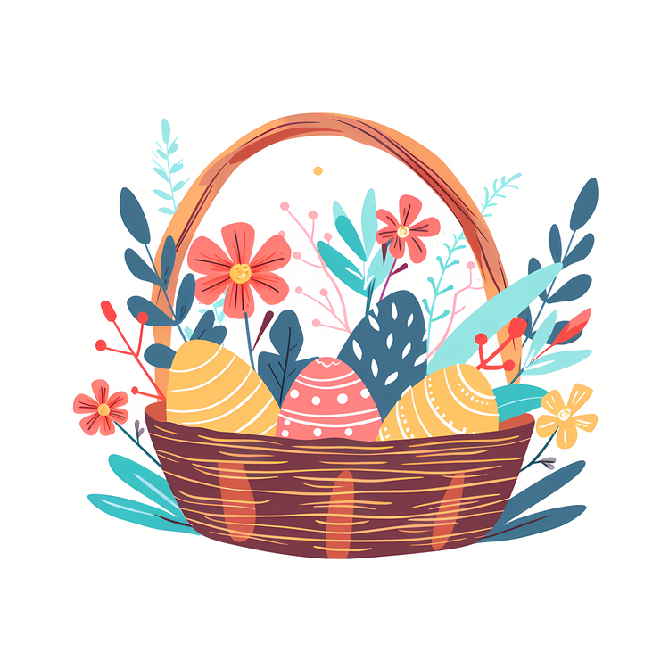 Happy Easter,Basket Of Easter Eggs,Easter Basket With Flowers
