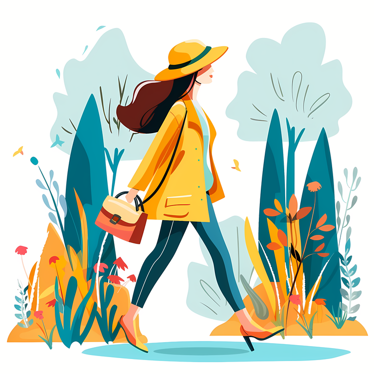 Cartoon Walking Woman,Girl In Yellow Raincoat,Girl Walking In Park
