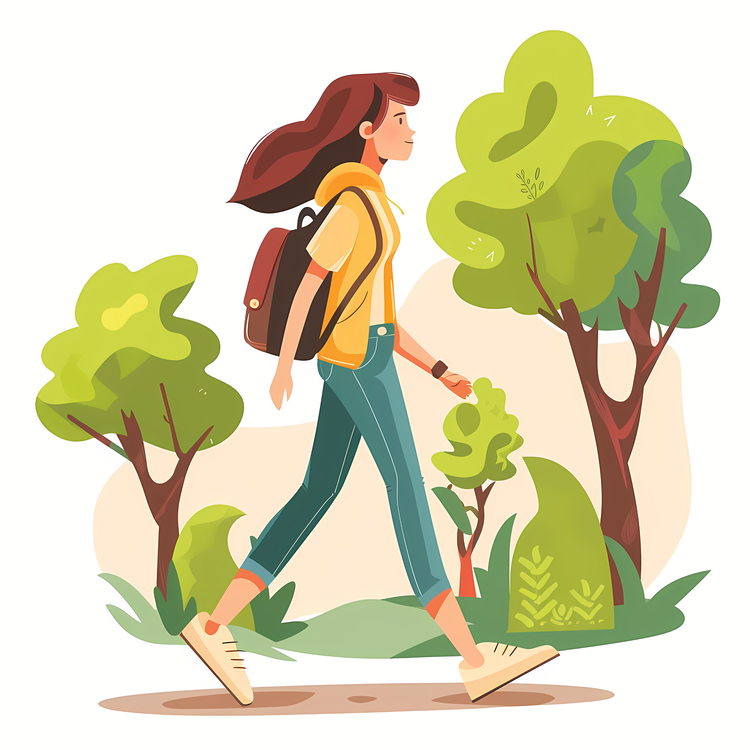 Cartoon Walking Woman,Girl Walking In The Park,Park Scenery