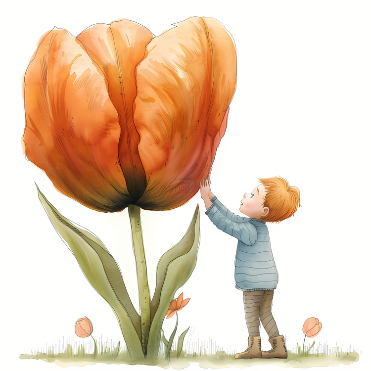 Kid And Huge Flowers Illustrate,Children,Playful