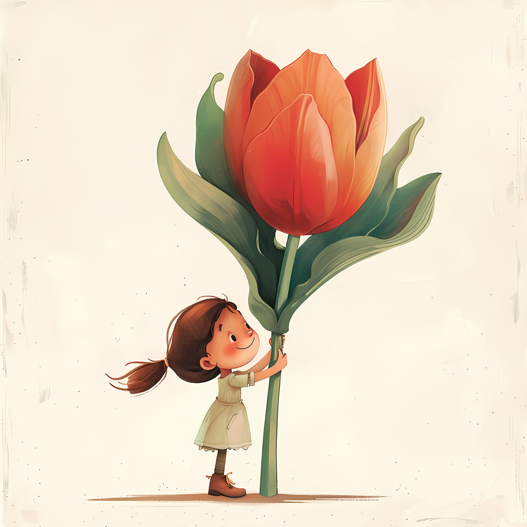 Kid And Hugeflowers Illustrate,Girl,Pink Tuliptree