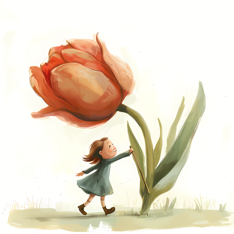 Kid And Huge Flowers Illustrate,Tulip,Giant