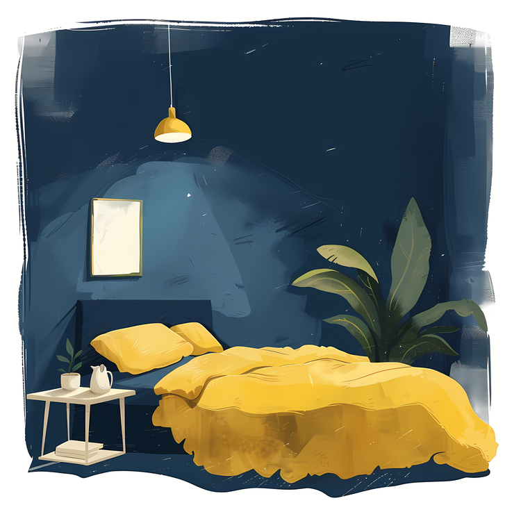 Bed Room,Yellow Bedspread,Light Blue Walls