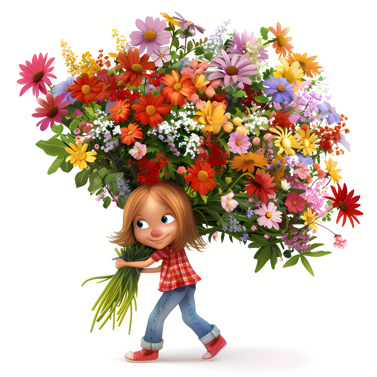 Kid And Huge Flowers Illustrate,Flower Girl,Bouquet