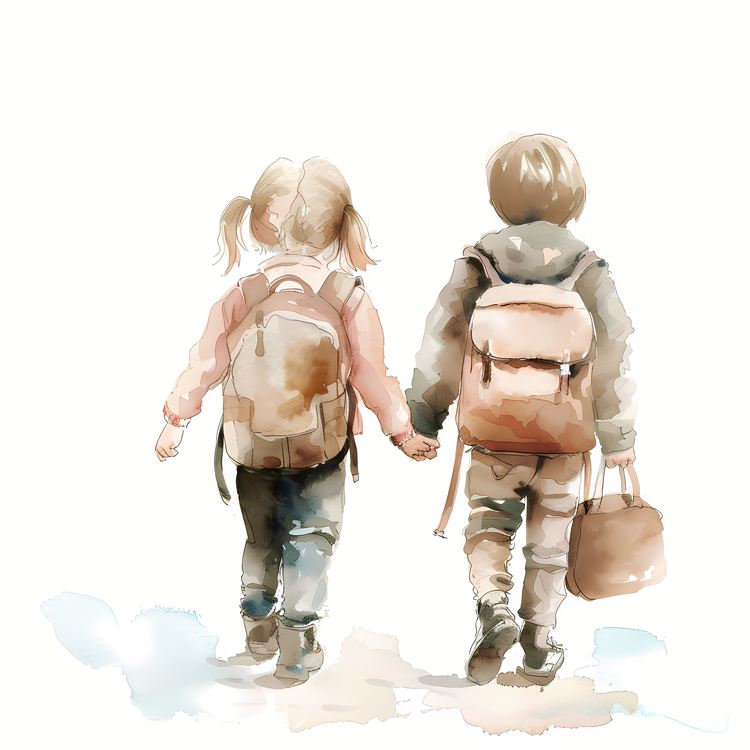 Students With Backpack,Watercolor,Kids
