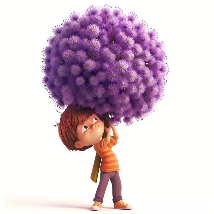 Kid And Huge Flowers Illustrate,Purple,Large