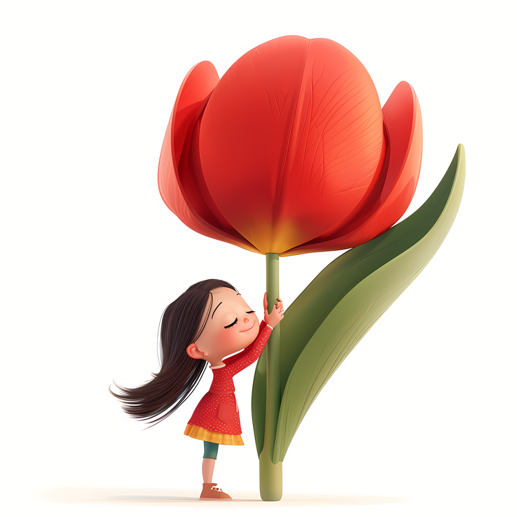 Kid And Huge Flowers Illustrate,Tulip,Red