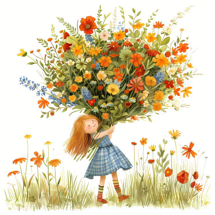 Kid And Huge Flowers Illustrate,Bouquet,Girl Carrying Flowers