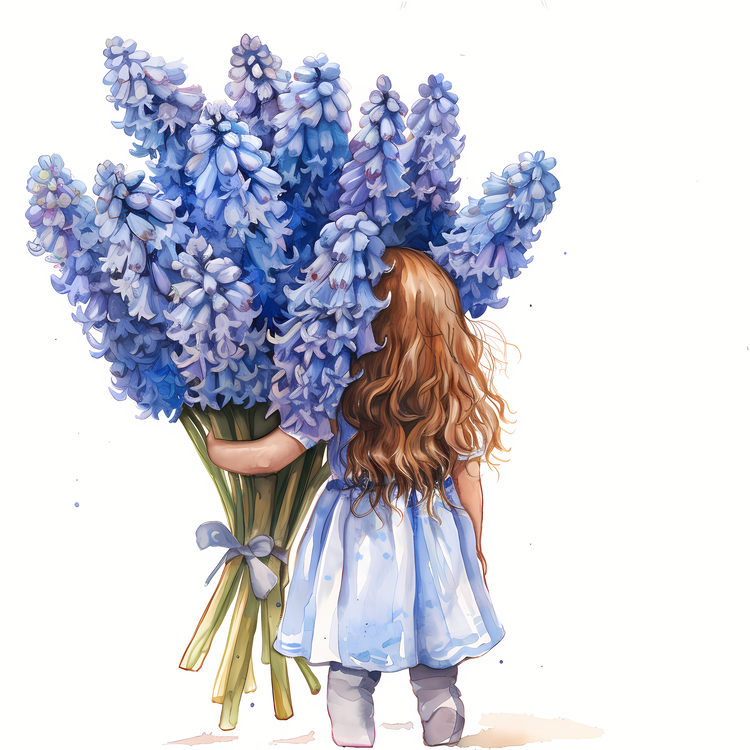 Kid And Huge Flowers Illustrate,Watercolor,Children