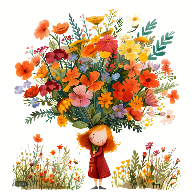 Kid And Huge Flowers Illustrate,Bouquet,Flowers