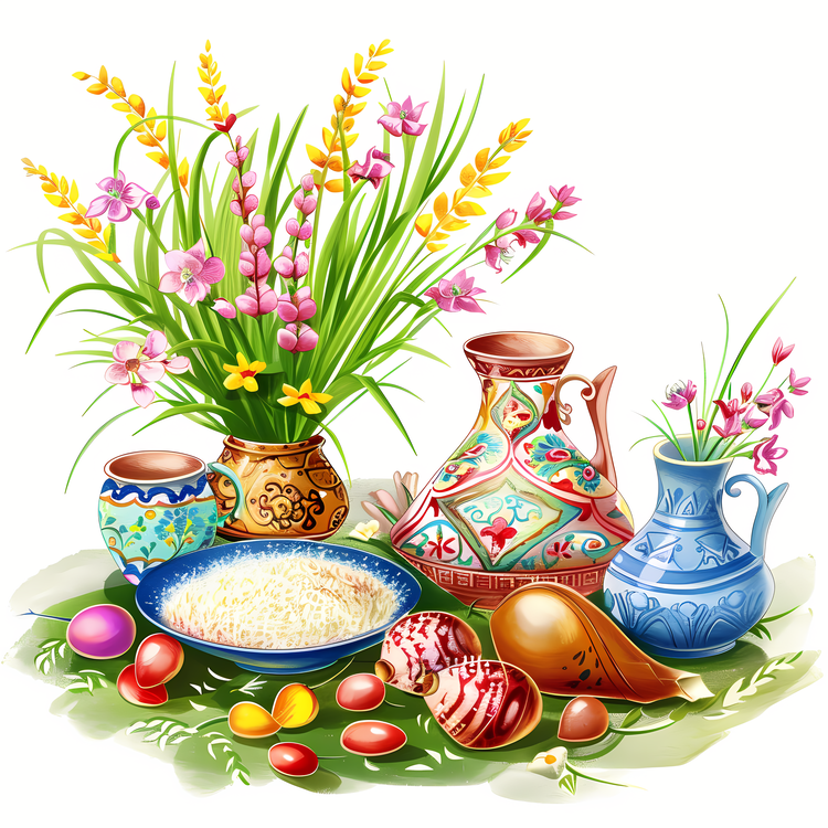 International Nowruz Day,Easter Decoration,Vase Of Eggs And Flowers