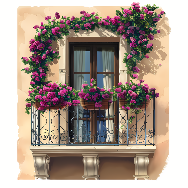 Balcony With Flowers,Vintage,Blooming Flowers
