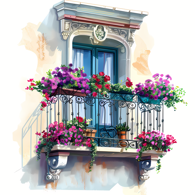 Balcony With Flowers,Watercolor Painting,Decorative Iron Railing