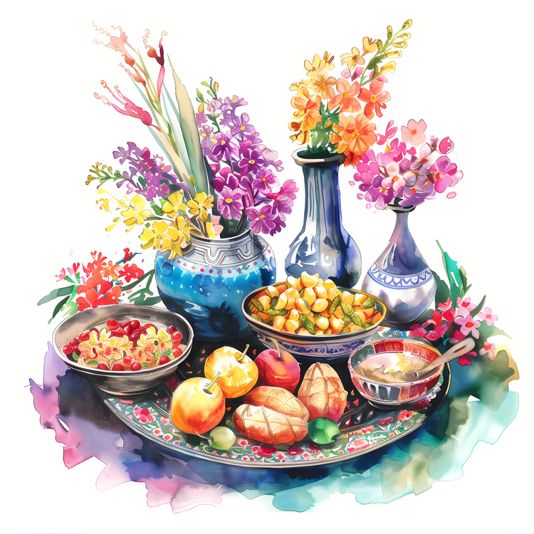 International Nowruz Day,Fresh Fruits And Vegetables,Blue Vase With Flowers