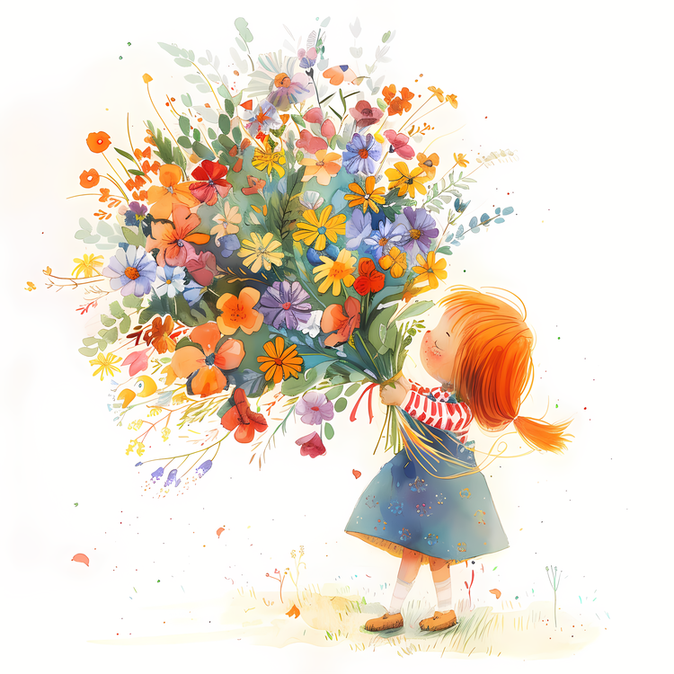 Kid And Huge Flowers Illustrate,Colorful,Watercolor