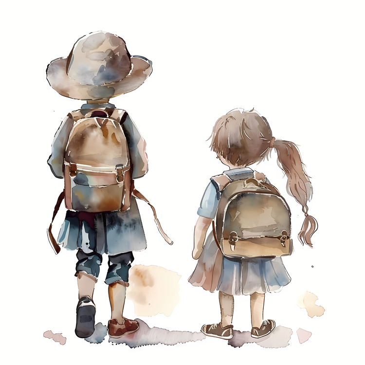 Students With Backpack,Watercolor,School Children