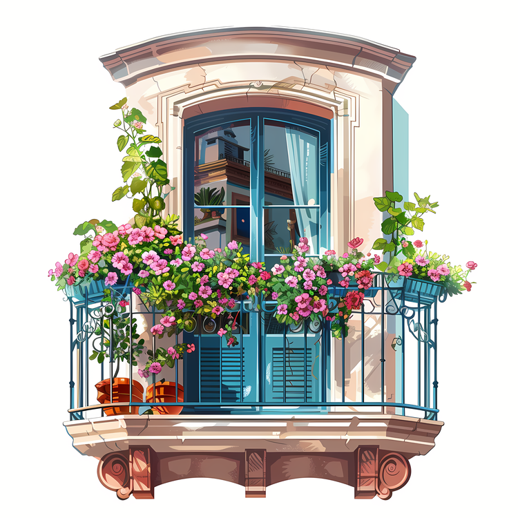 Balcony With Flowers,Flower Pots,Window Box