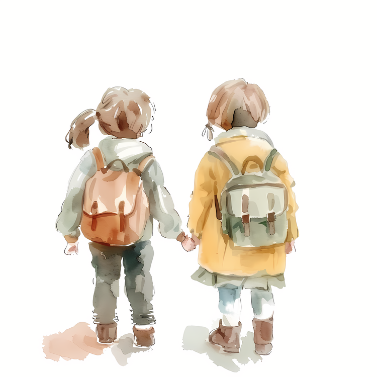 Students With Backpack,Watercolor,Children