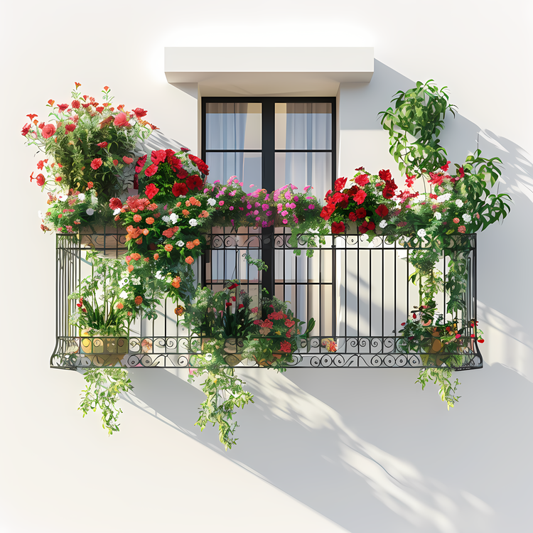 Balcony With Flowers,Balcony,Red Flowers