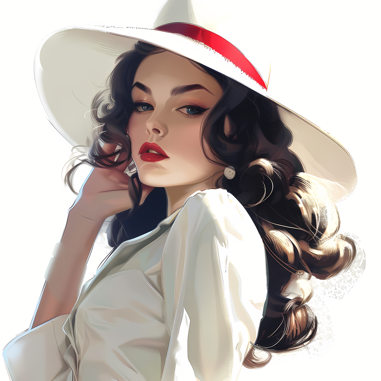 Fashion Retro,White Hat,Red Lipstick